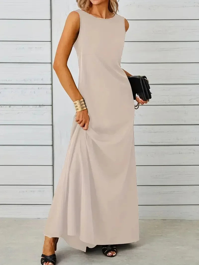 2026 Women's Summer Elegant Long Dress Fashion Solid Sleeveless O-neck Temperament Slim Maxi Dress Ladies A-line Casual Dress