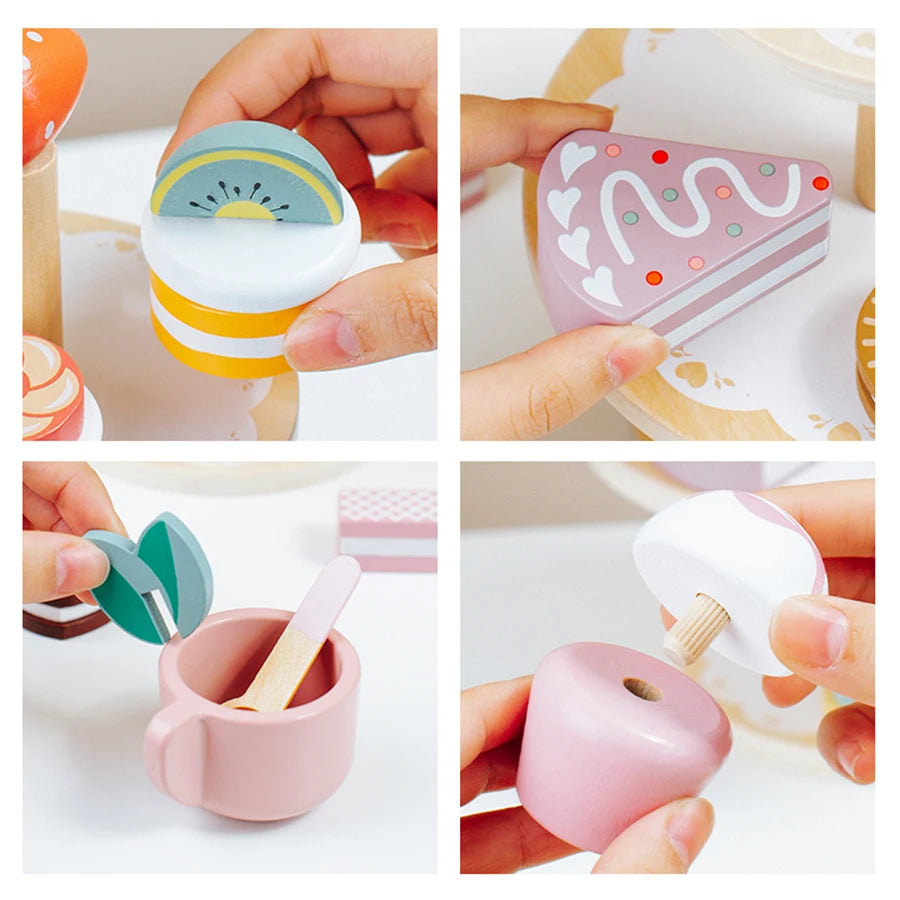 Tea Party Set Dessert Stand Playset ,Wooden Toys Pretend Play Food Kitchen Accessories for Toddler Tea Set Birthday Gift