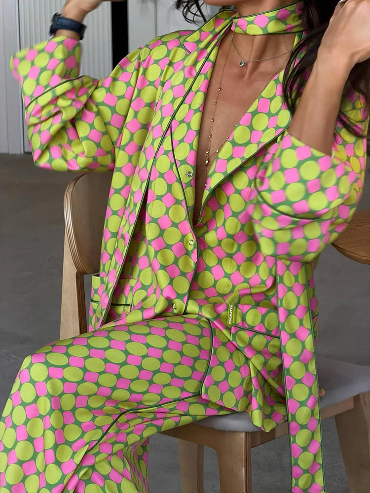 Loose Geometric Print Shirt Pant Sets for Women Ribbon Lapel Full Sleeve Pocket Shirts Wide Leg Trouser Summer Casual Suits