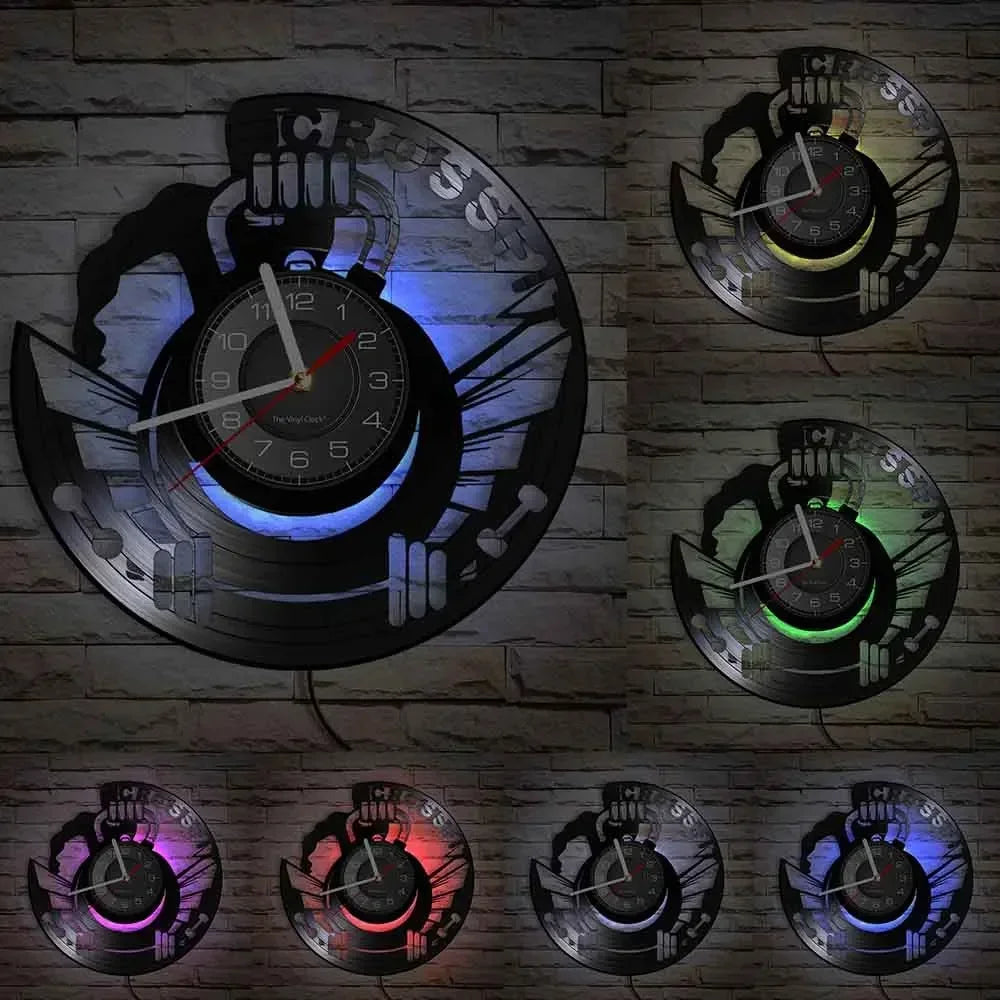 Fitness Theme Vinyl Record Wall Clock – LED Backlight Home Décor | 30cm