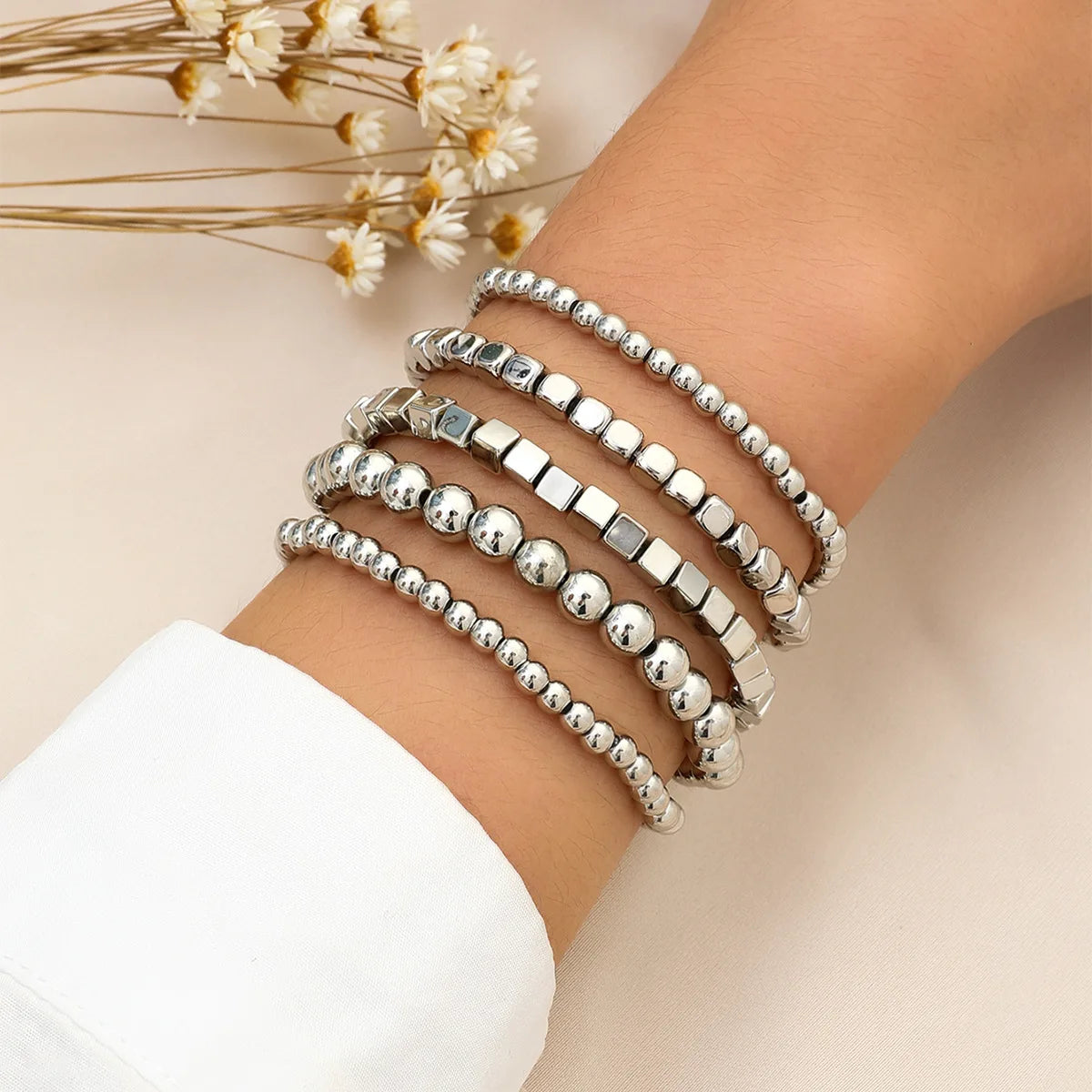 Women's Handmade Gold Beaded Charm Bracelet – Elastic Stainless Steel Strand Bangle