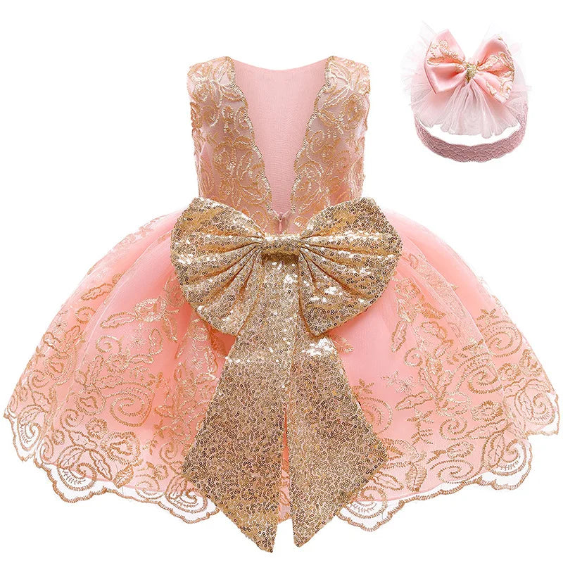 Baby Girl Lace A-Line Dress with Big Bow – Sleeveless Princess Dress in 3 Colors, Sizes 3M–24M