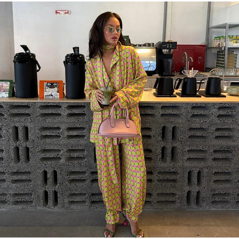 Loose Geometric Print Shirt Pant Sets for Women Ribbon Lapel Full Sleeve Pocket Shirts Wide Leg Trouser Summer Casual Suits