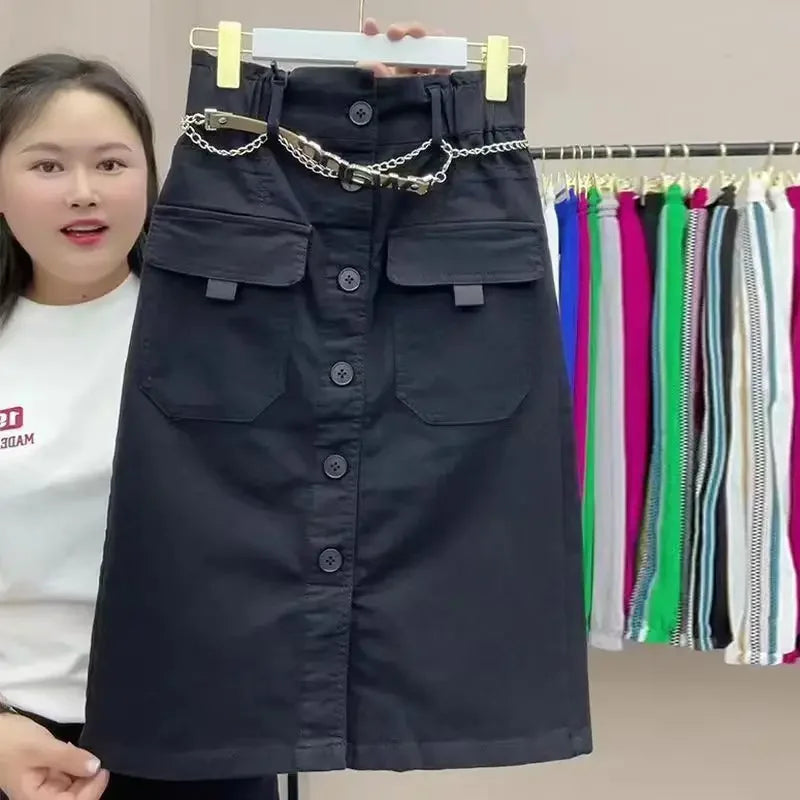 2026 Spring Summer New Women's High Waist Slim Skirts Female Fashion Buttons A-line Skirts Ladies Solid Color Casual Skirts