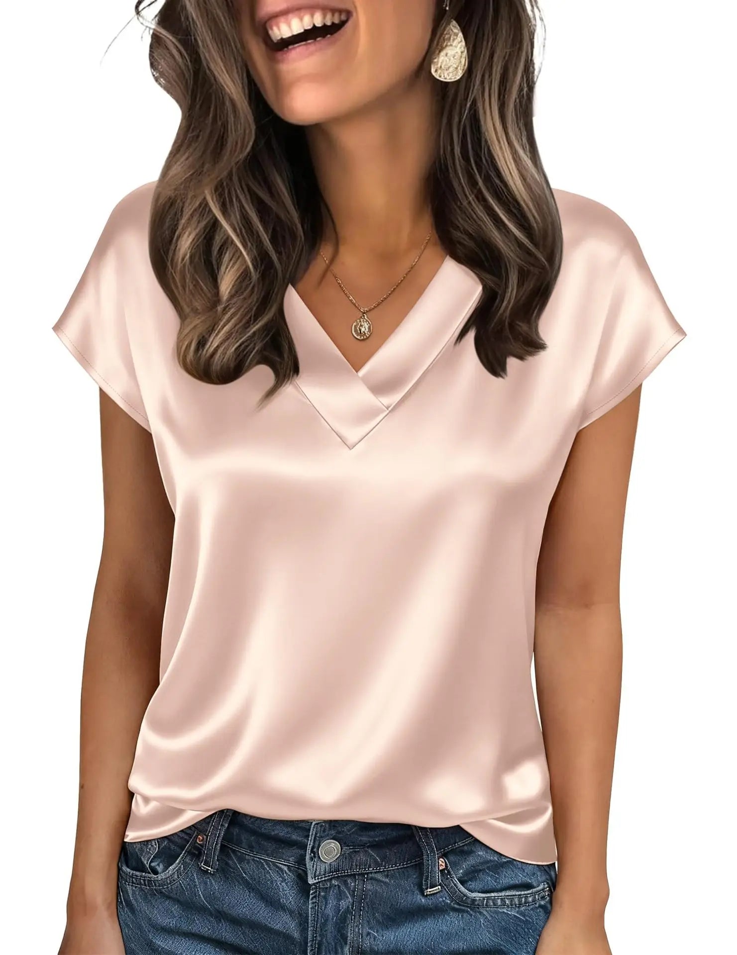 Women's Satin V-Neck Short Sleeve Blouse