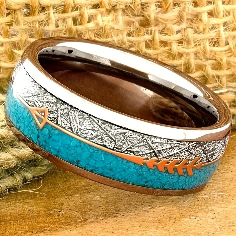 Elegant Stainless Steel Women's Vintage Ring with Unique Arrow and Turquoise Inlay - Comfort Fit for Wedding/Engagement