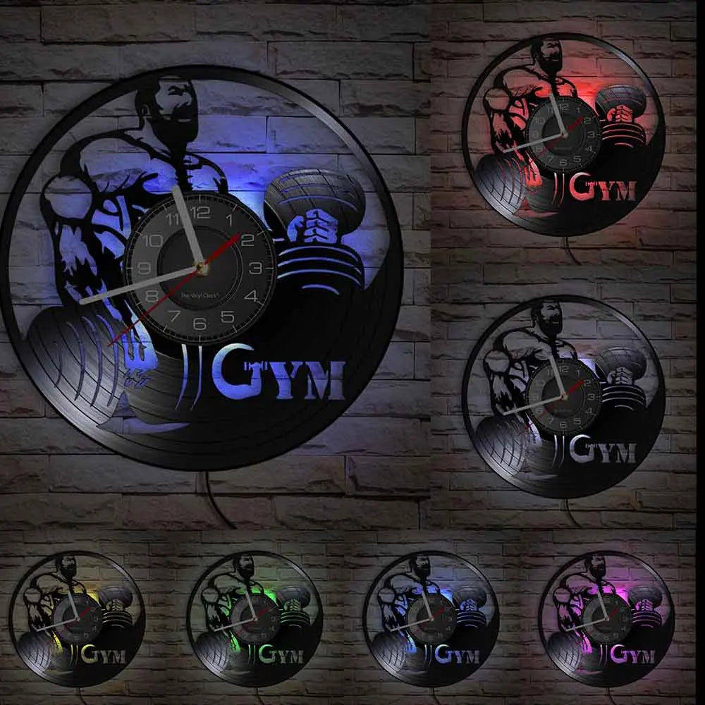 Fitness Equipment Theme Vinyl Record Fitness Wall Clock Home Decoration LED Backlight Modern Fitness Watch