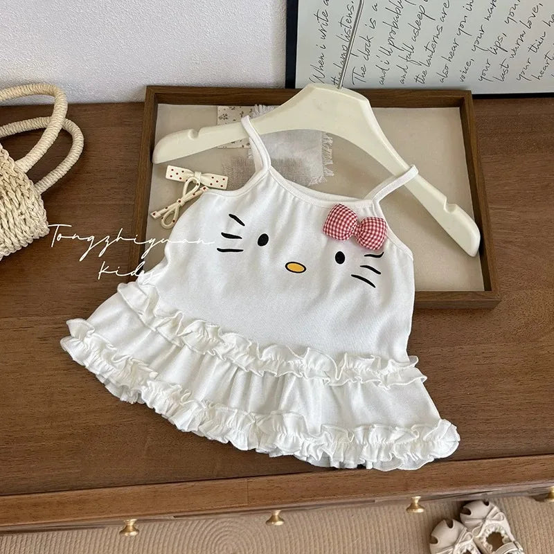 Baby Girls Summer Clothing Cute Cat Plaid Bow Lace Halter Tops Tees Shirts Fashion Kids Children Cotton Casual Clothes