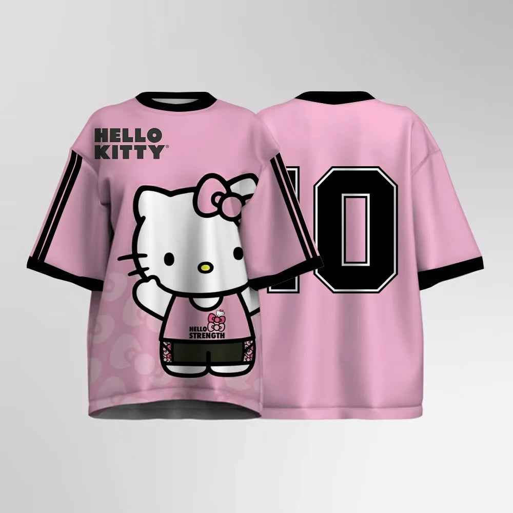 Oversized Hello Kitty Print Knit T-Shirt – Unisex Streetwear Short Sleeve Top