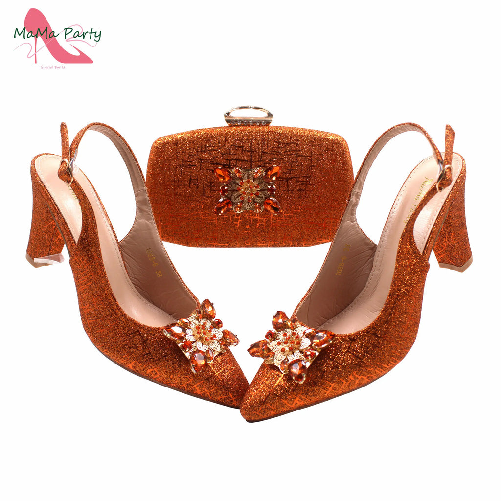 Fuchsia Color Italian Classics Design African Women Shoes and Bag Set High Quality with Shinning Crystal for Wedding Party
