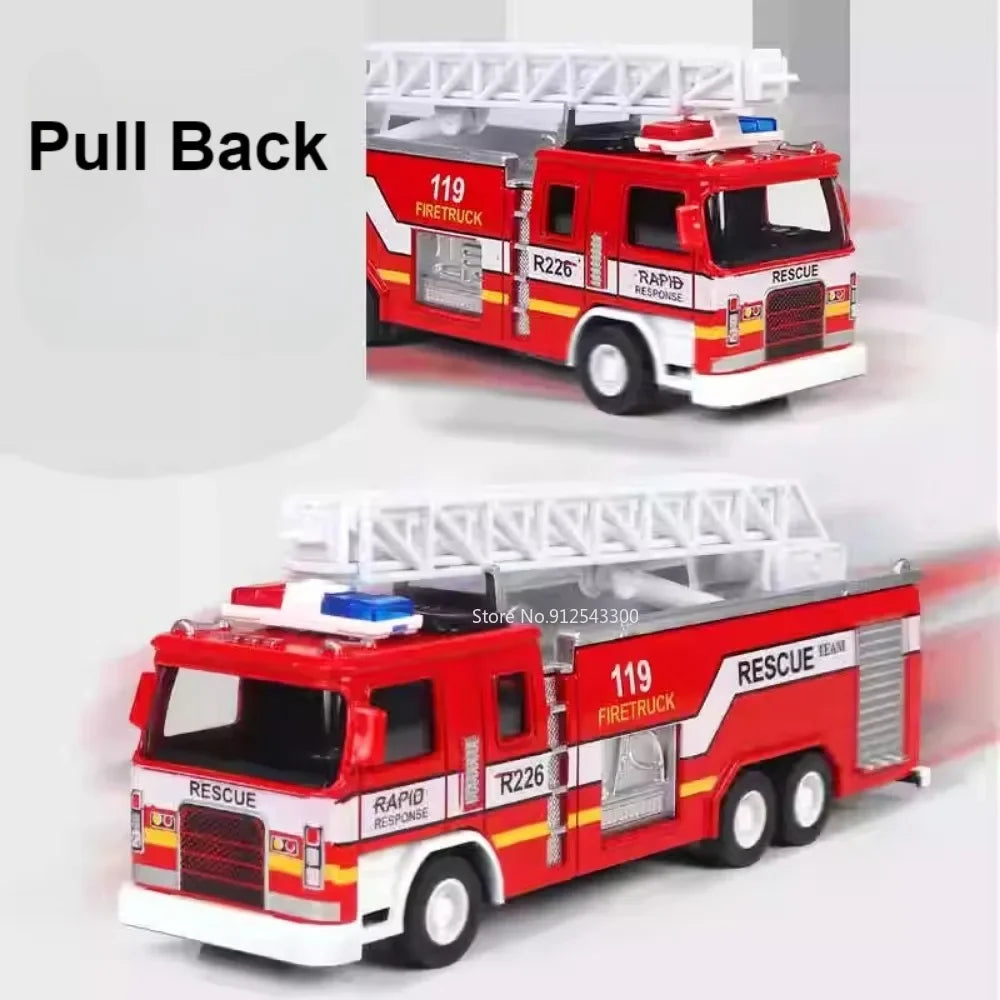 1:32 Fire Truck Model Toy Car Alloy Body Rubber Tire Music Light Pull Back Climbing Water Tank 119 Vehicles Models Toys Gifts