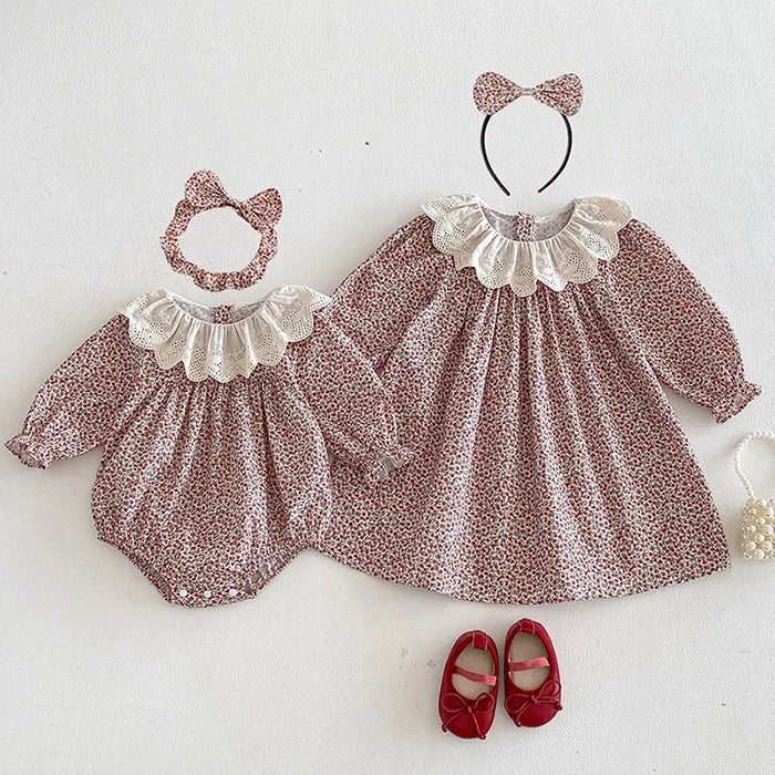 2026 New Spring Sister Dress Kids Princess Dresses Long Sleeved Cotton Print 2-7Yrs Girl Party Dress Baby Girl Romper