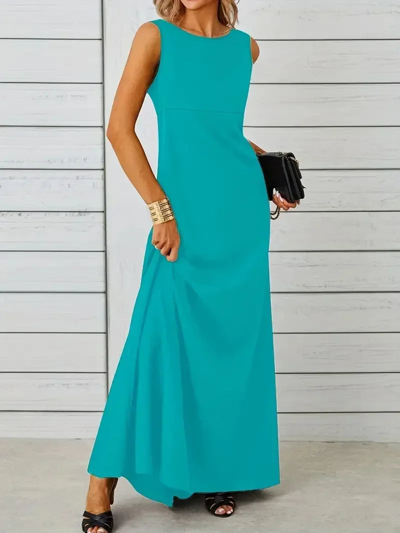 Women's Summer Elegant Long Dress Fashion Solid Sleeveless O-neck Temperament Slim Maxi Dress Ladies A-line Casual Dress