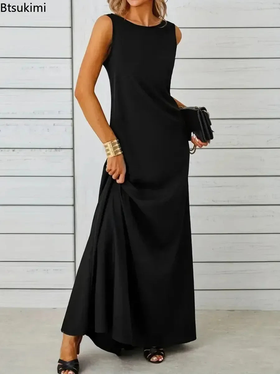 2026 Women's Summer Elegant Long Dress Fashion Solid Sleeveless O-neck Temperament Slim Maxi Dress Ladies A-line Casual Dress