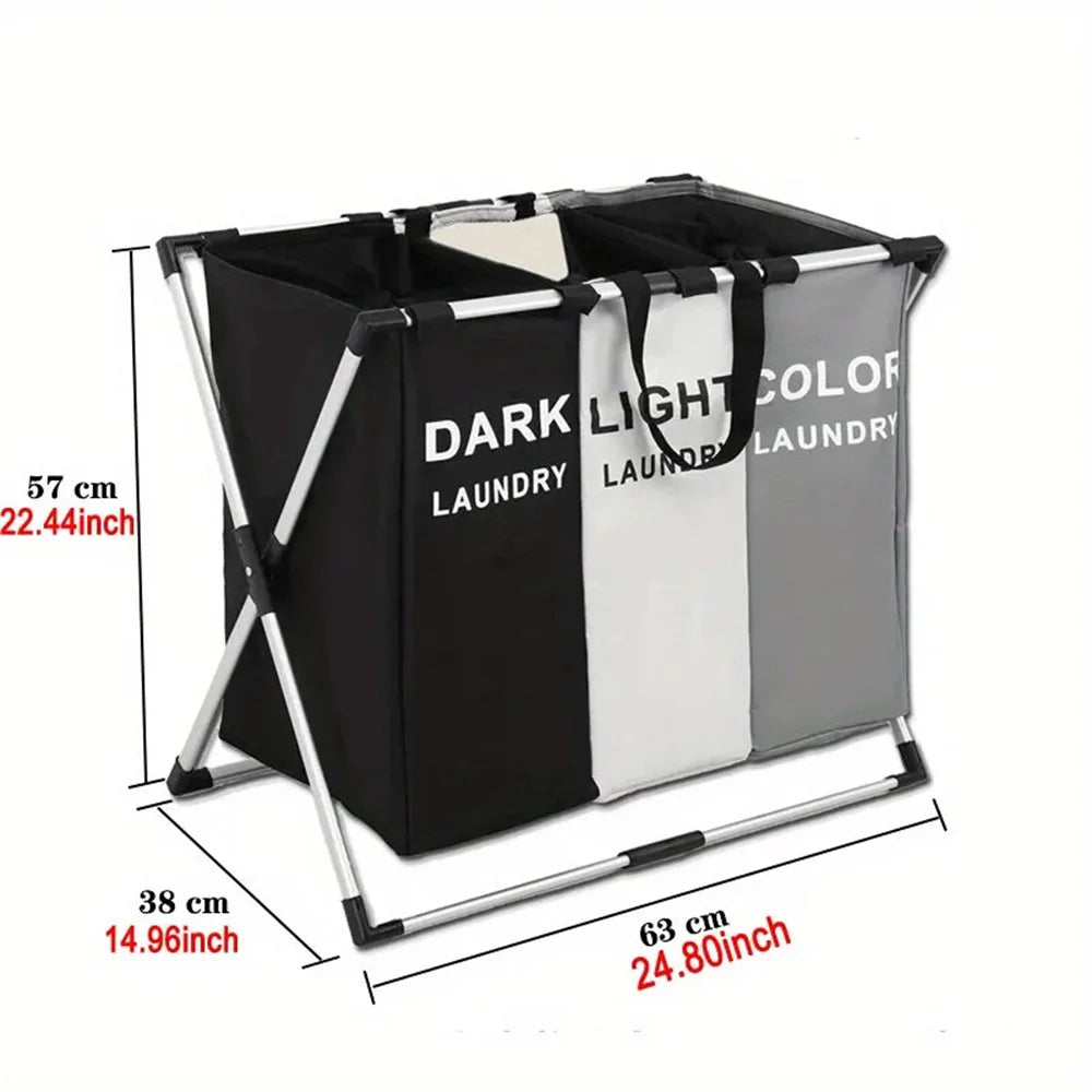 3 Grids Foldable Laundry Basket Large Capacity Toys Clothes Organizer Aluminum Bracket Waterproof Bathroom Laundry Basket Hamper