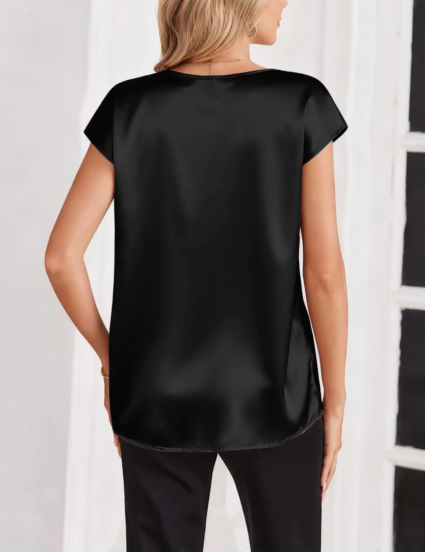 Women's Satin V-Neck Short Sleeve Blouse