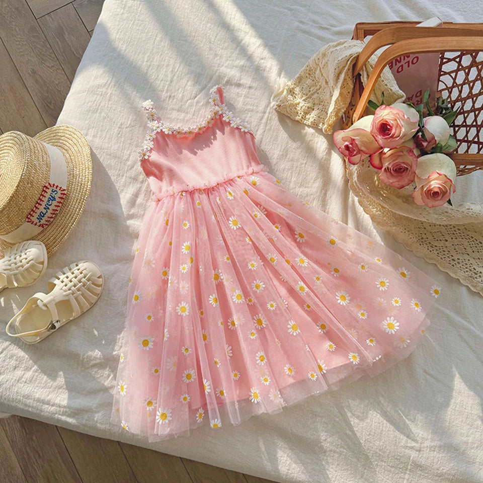 2026 Summer Girls Sling Dress Cute Daisy Print Tulle Skirt Casual Party Dress Kids Princess Dress with Lace Flower Trim 2-8Years