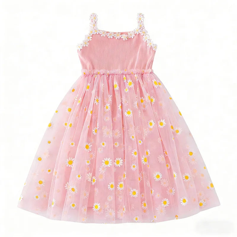 2026 Summer Girls Sling Dress Cute Daisy Print Tulle Skirt Casual Party Dress Kids Princess Dress with Lace Flower Trim 2-8Years