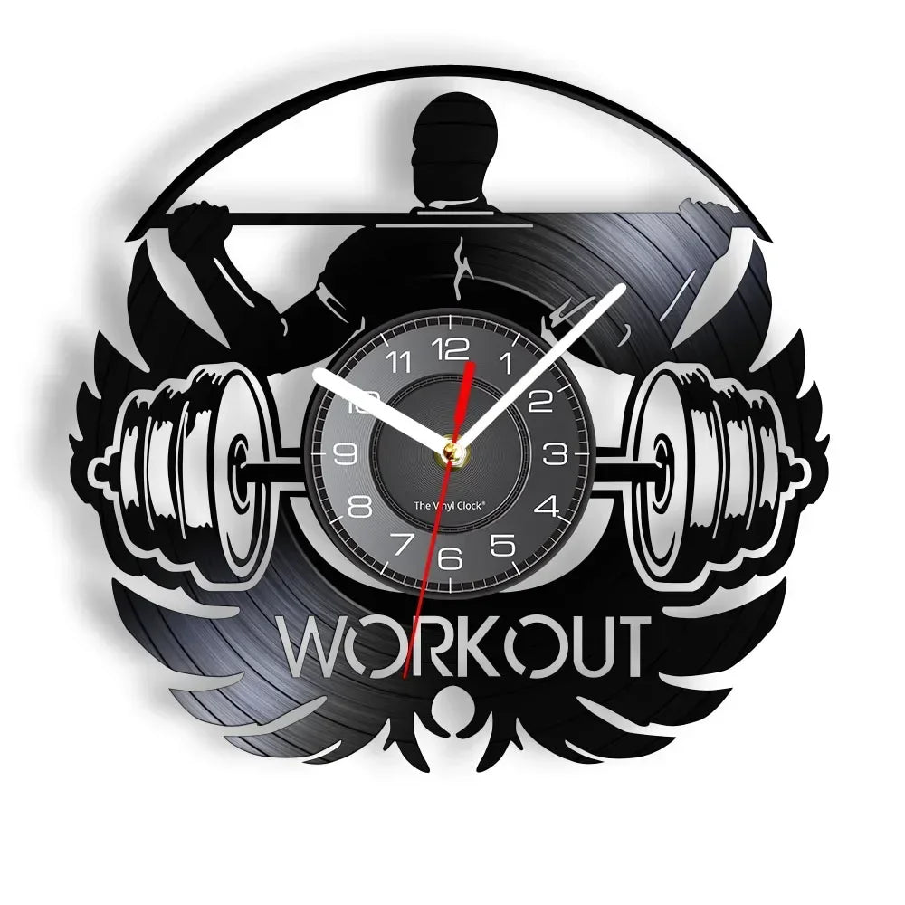 Fitness Theme Vinyl Record Wall Clock – LED Backlight Home Décor | 30cm
