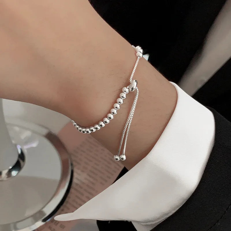 100% Solid 925 Sterling Silver Metal Bracelets for Women Men Beads Adjustable Handmade Simple Bracelet Birthday Christmas Gift