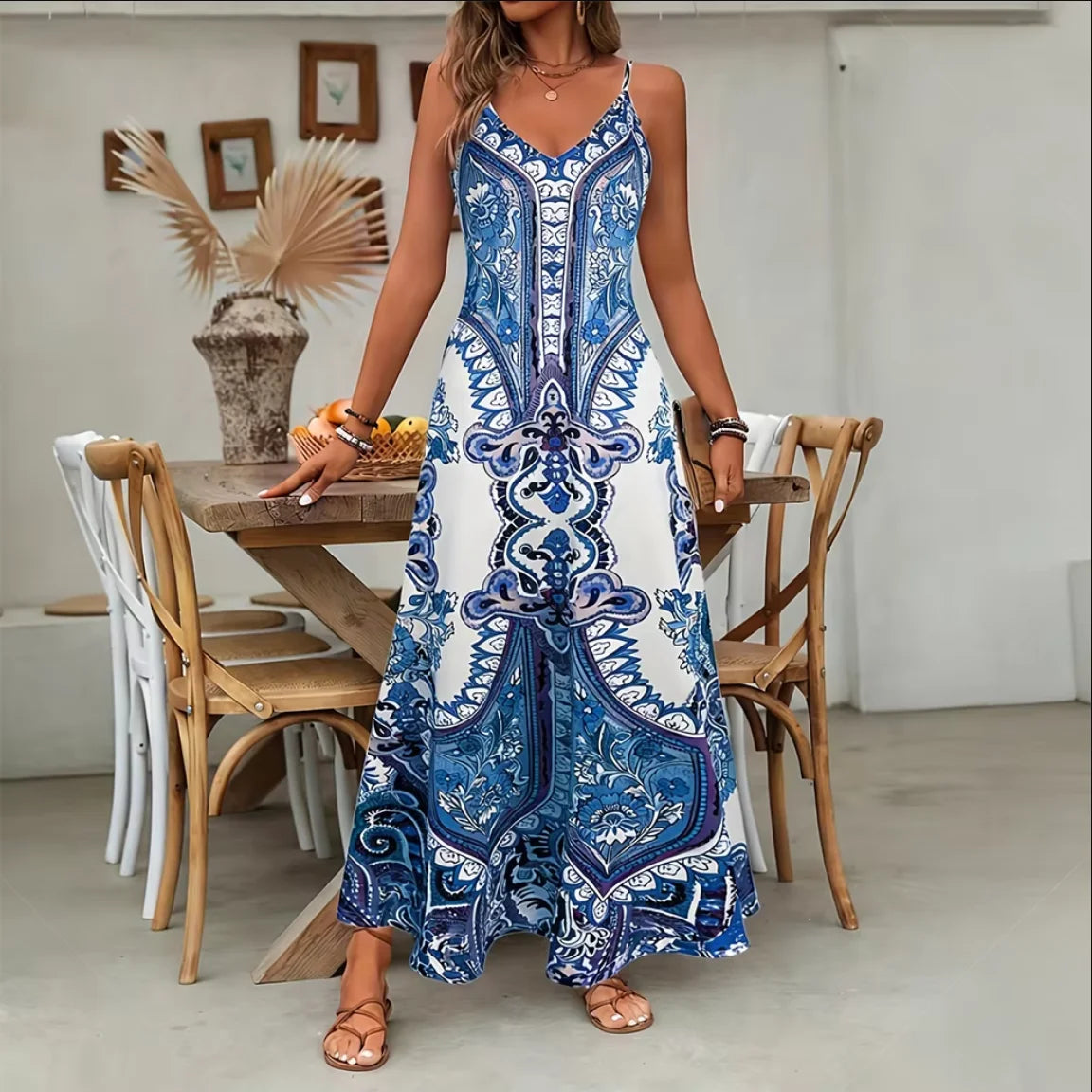 Women's Blue & White Porcelain Print Spaghetti Strap Maxi Dress