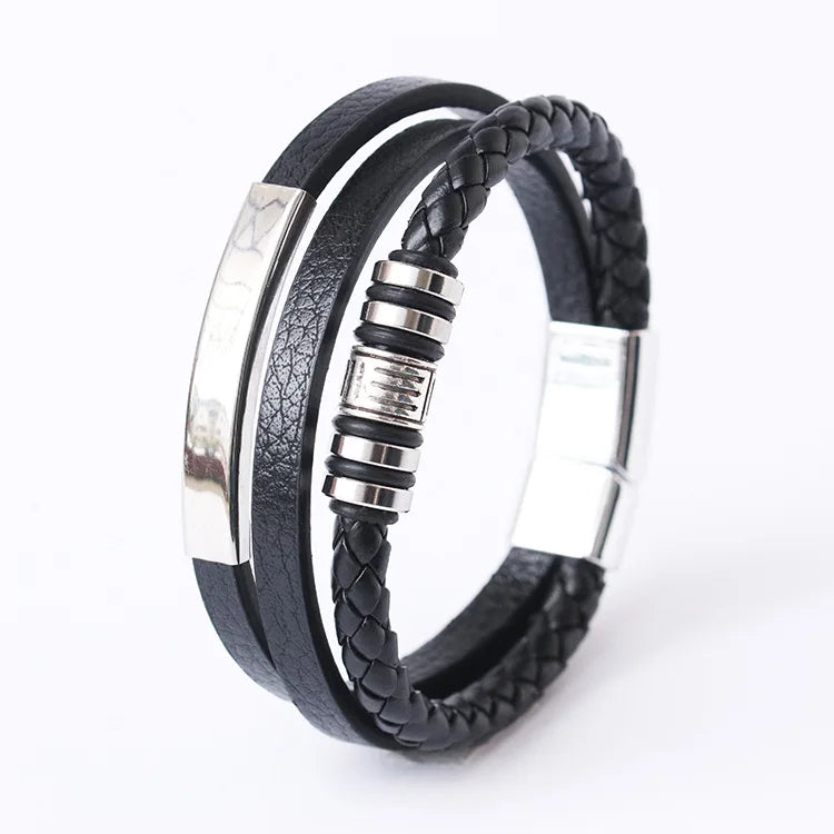 Men's Multilayer Leather & Braided Rope Bracelet – Vintage Aluminium Alloy Bangle | 21cm