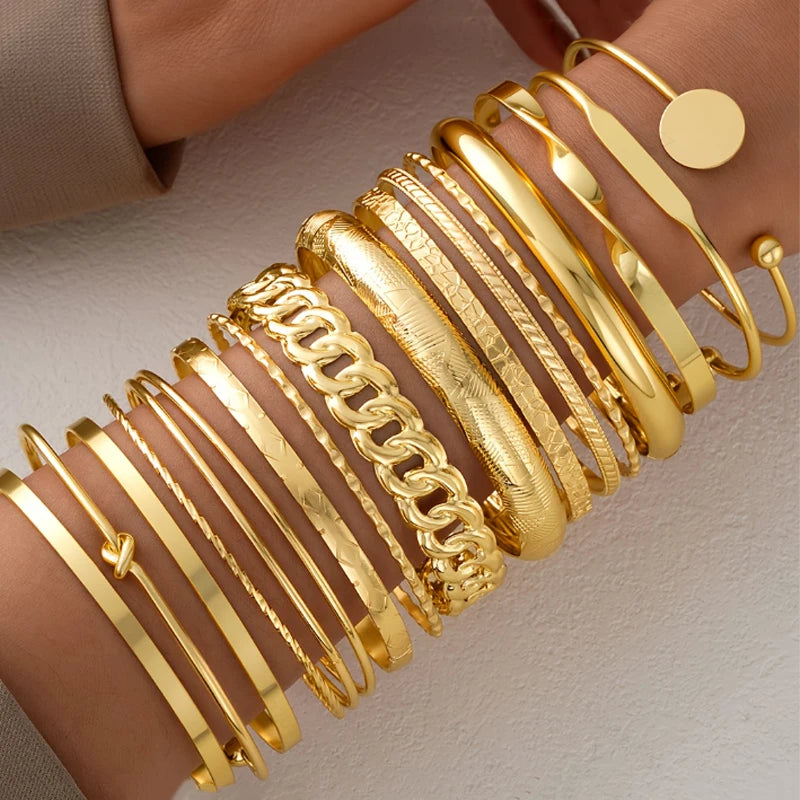 15 Pcs Retro Gold Color Minimalist Bangle Set for Women Fashion Chic Geometric Knotted Bracelets Daily Party Jewelry Gifts 2026