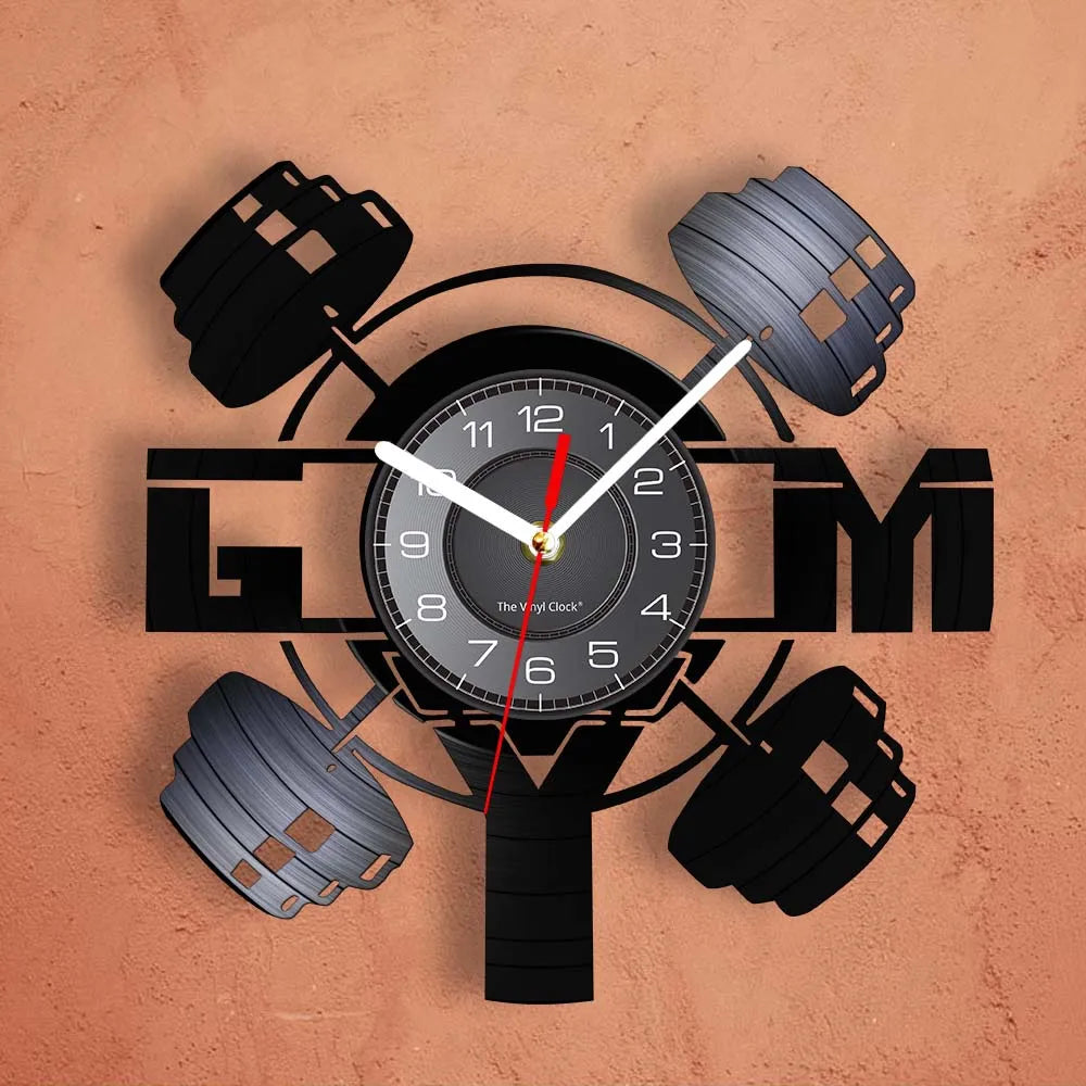 Fitness Equipment Theme Vinyl Record Fitness Wall Clock Home Decoration LED Backlight Modern Fitness Watch
