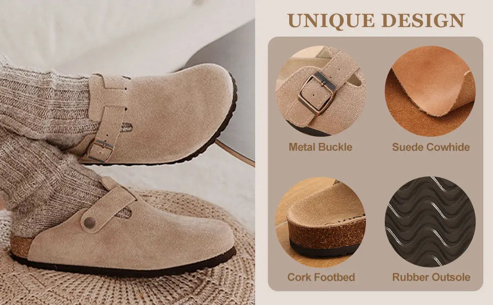 Goosecret Men Cow Suede Clogs Soft Cork Footbed Men Mules Slippers Fashion Men House Sandals With Arch Support Men Beach Sandals