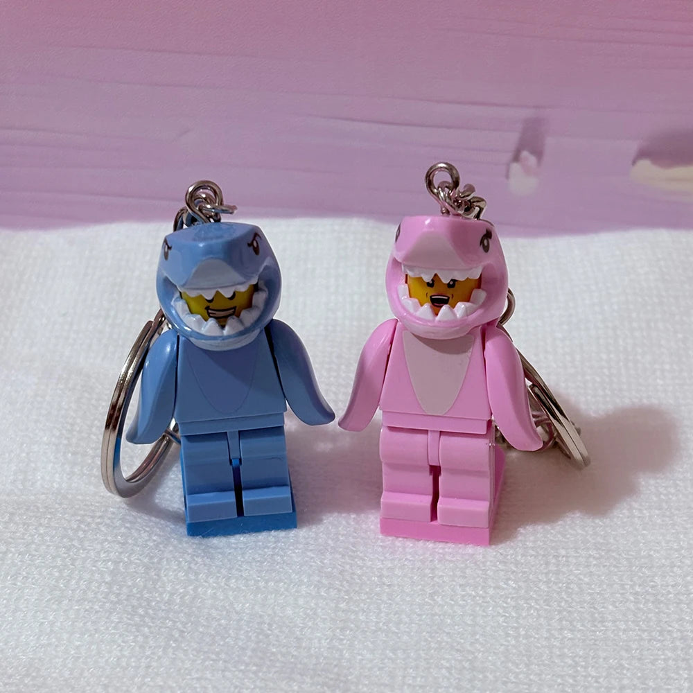 2pcs Cartoon Pink and Blue Shark Couple Keychain Heart-Shaped Building Block Splicing Keyring Backpack Pendant For Friends Gifts