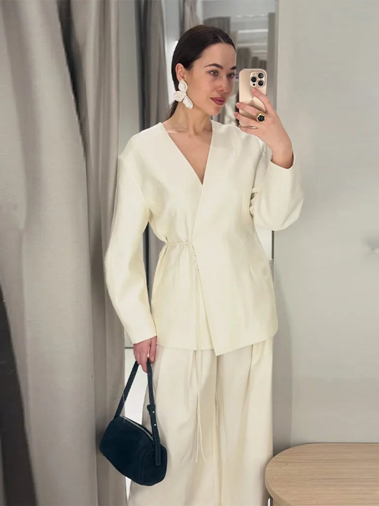 Elegant Stain Loose Jacket Pants Suit Women Solid Lace Up Full Sleeve V-neck Jackets Wide Leg Trousers Fashion Street Sets Lady