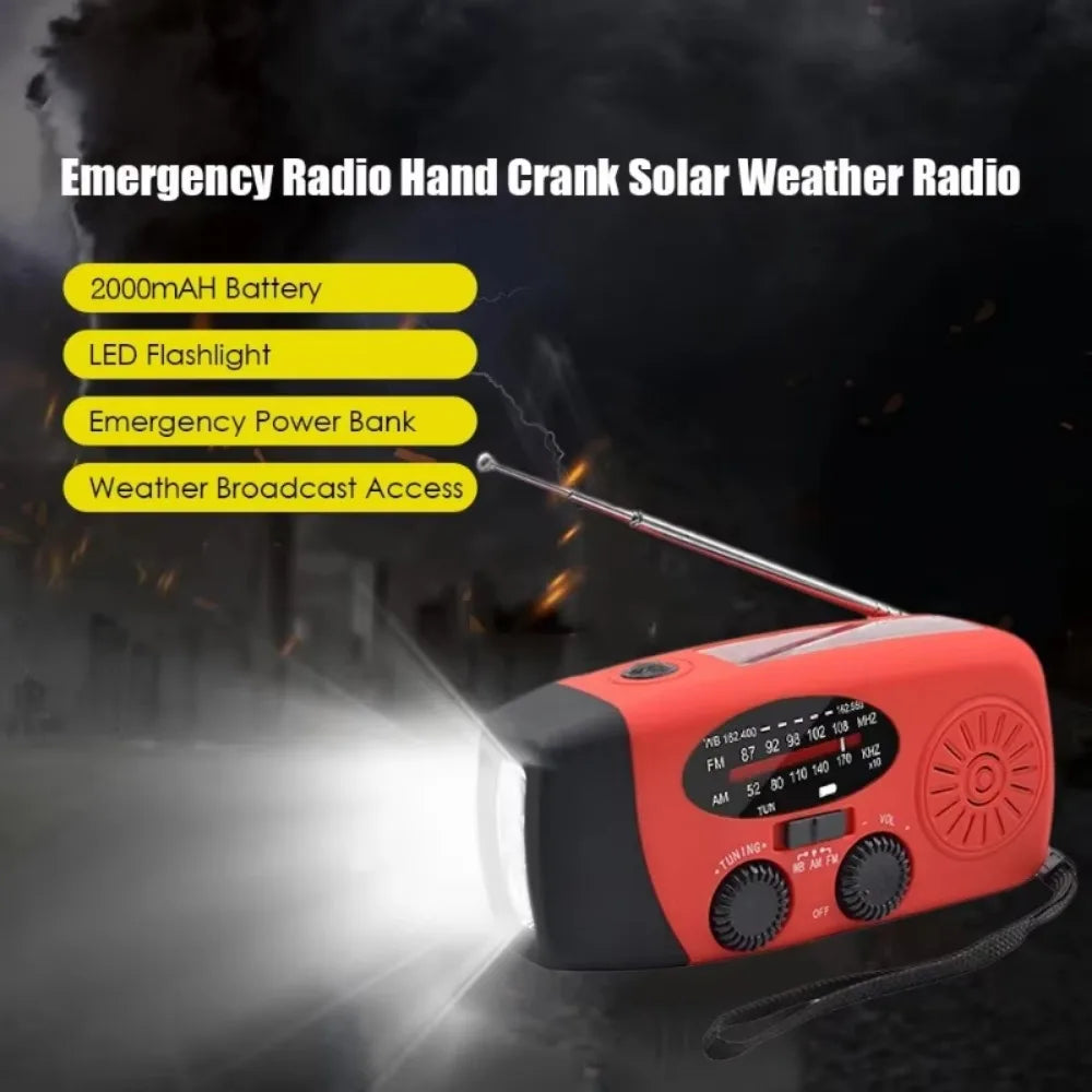 Emergency Weather 2000mAh Radio Portable Emergency Solar Radio Hand Crank Self Powered Phone Charger 3 Led Flashlight Am Fm