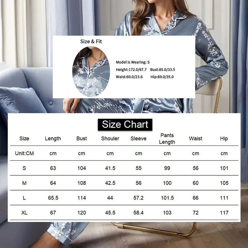 2026 Women Satin Pajama Casual Sleepwear Home Suit Spring Long Sleeve Button Up Top & Pants Nightwear Loungewear Pyjama Femme