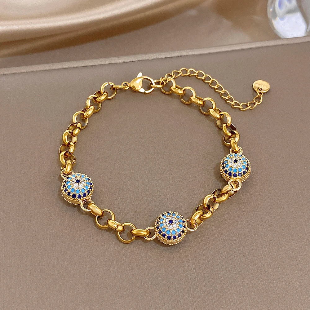 Greatera Blue-eyed Colored Rhinestone Inlaid Ball Bracelet For Women New Style 2026 Trendy Metal Stainless Steel Design Bangles
