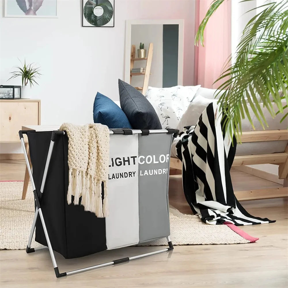 3 Grids Foldable Laundry Basket Large Capacity Toys Clothes Organizer Aluminum Bracket Waterproof Bathroom Laundry Basket Hamper
