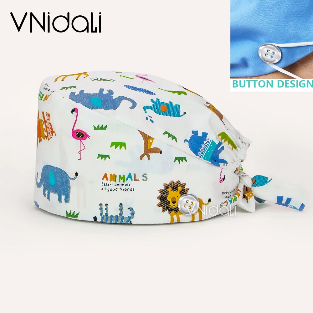 Floral Cotton Scrub Cap with Button – Adjustable Surgical Hat for Nurses, Doctors & Pet Groomers | 17 Colors