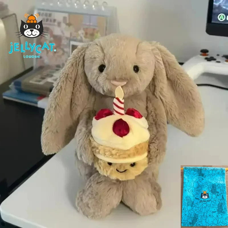 JC Shy Bonnie Rabbit Plush Doll | 31cm Soft Toy Holding Birthday Cake — Kids Holiday Gift