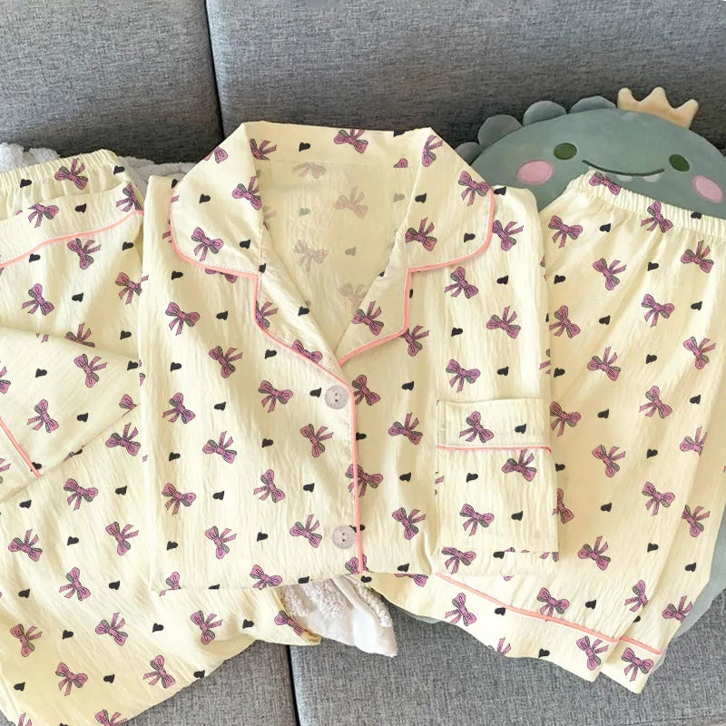 Women's Striped Bowknot 3-Piece Lapel Pajama Set – Short Sleeve Summer Sleepwear & Loungewear