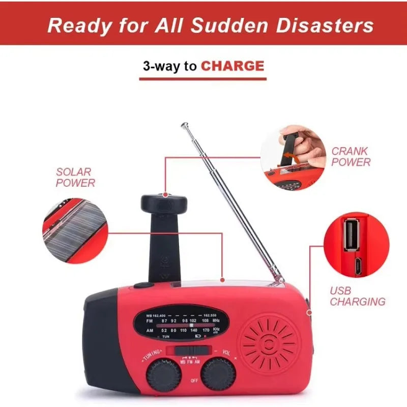 Emergency Weather 2000mAh Radio Portable Emergency Solar Radio Hand Crank Self Powered Phone Charger 3 Led Flashlight Am Fm