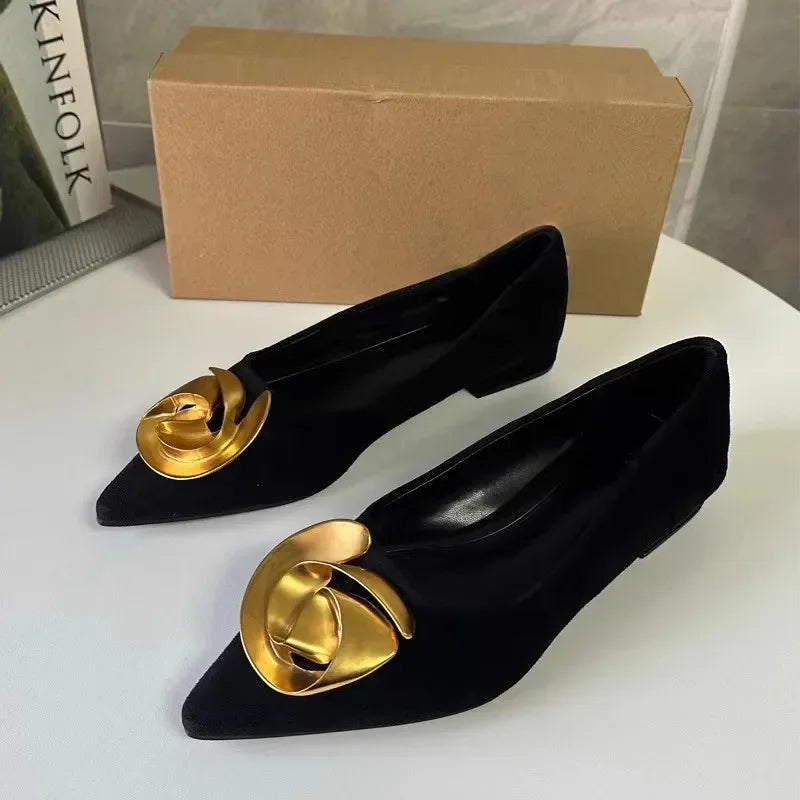 Women's Metal Flower Flock Pointed Toe Flats