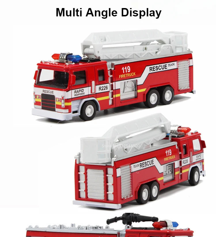 1:32 Fire Truck Model Toy Car Alloy Body Rubber Tire Music Light Pull Back Climbing Water Tank 119 Vehicles Models Toys Gifts