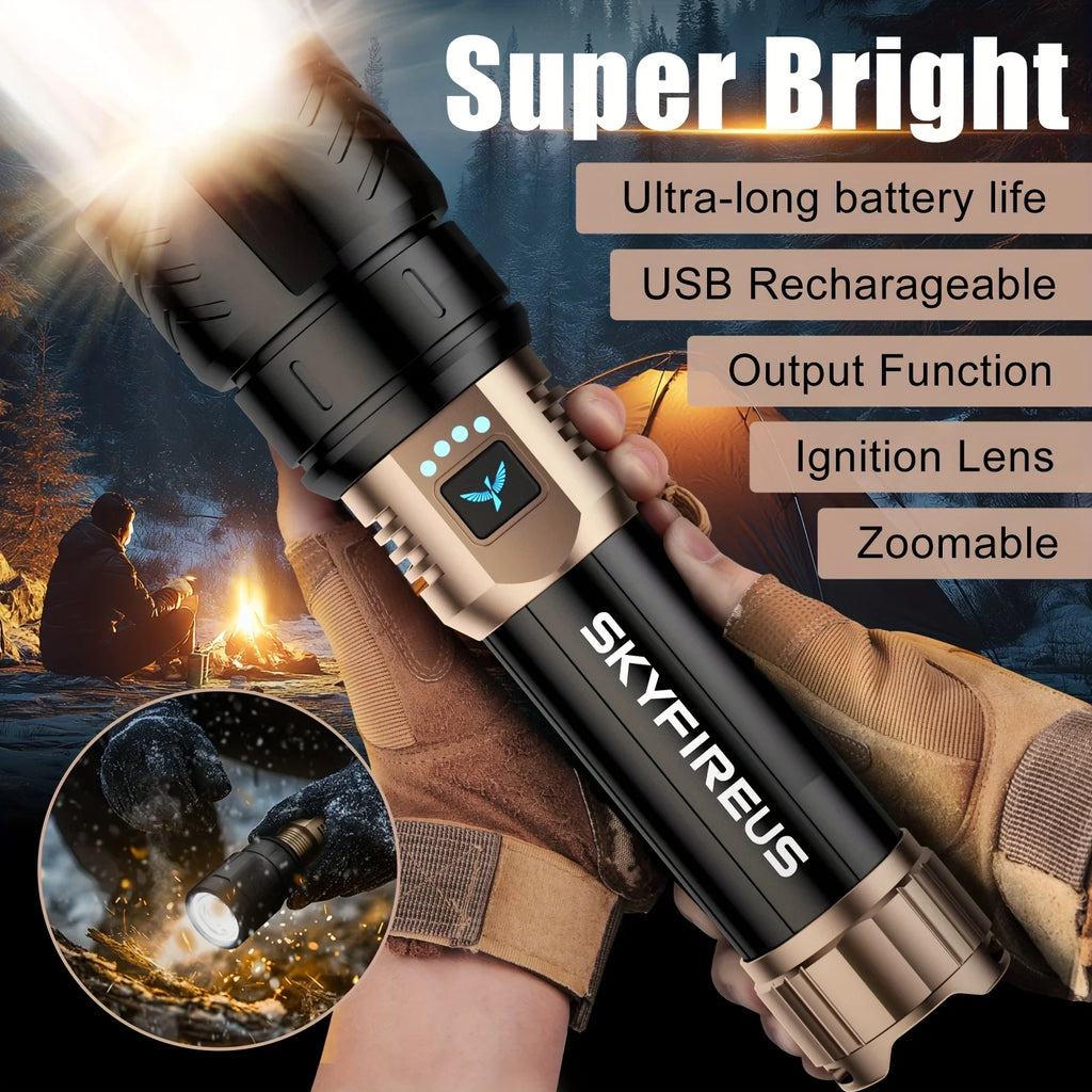 Led Flashlight High Lumens Super Bright Rechargeable Flashlight With Ignition Lens Zoomable For Camping Essentials Outdoor Home