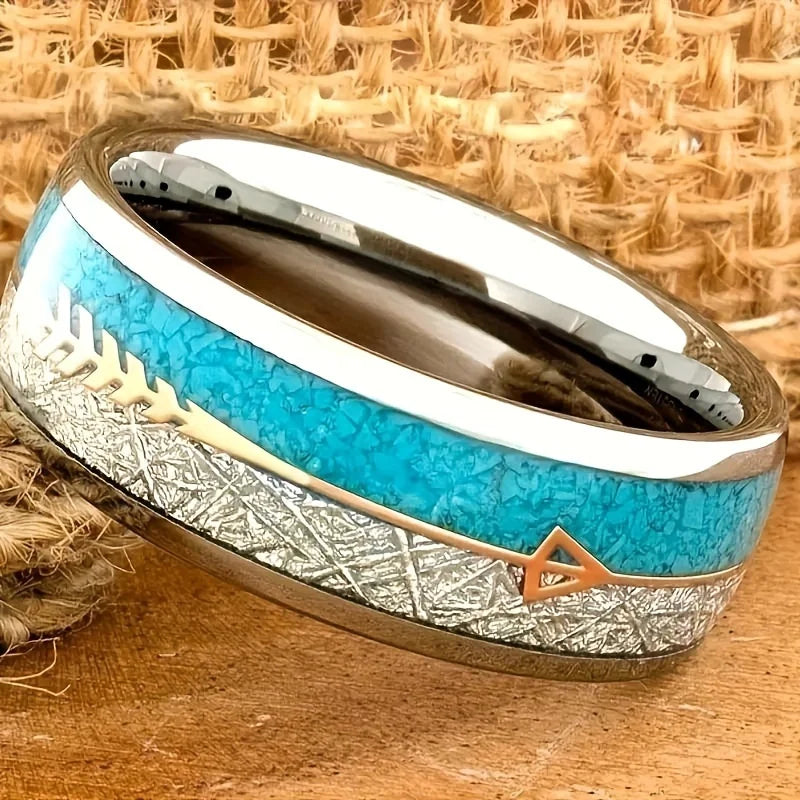 Elegant Stainless Steel Women's Vintage Ring with Unique Arrow and Turquoise Inlay - Comfort Fit for Wedding/Engagement