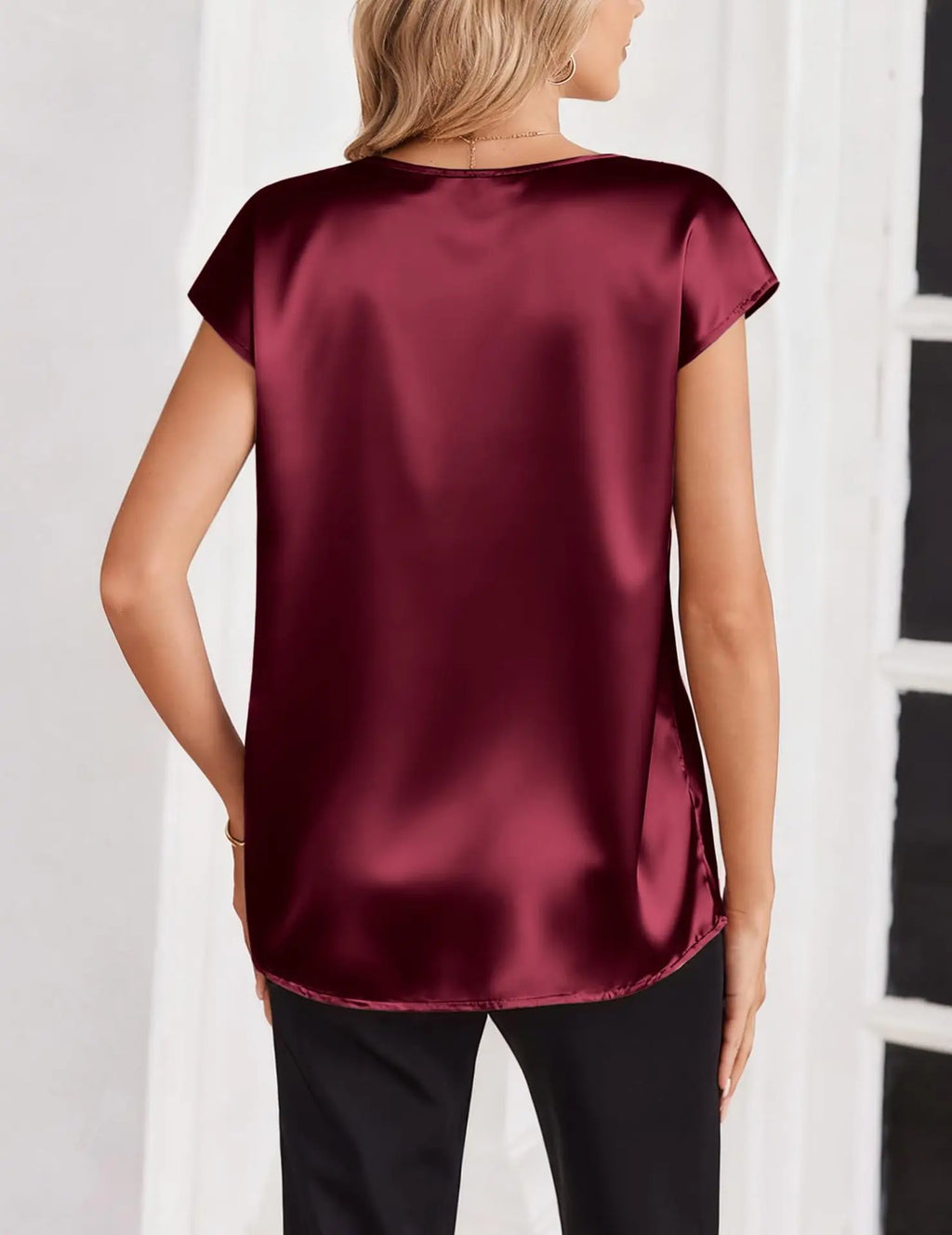 Women's Satin V-Neck Short Sleeve Blouse