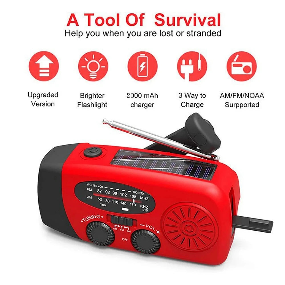 Emergency Weather 2000mAh Radio Portable Emergency Solar Radio Hand Crank Self Powered Phone Charger 3 Led Flashlight Am Fm