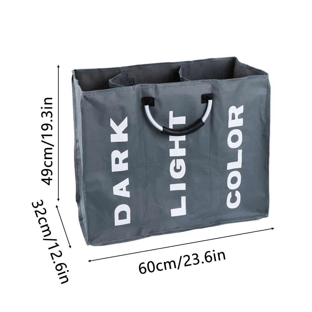 1PC Foldable Home Laundry Basket Large Dirty Laundry Basket Hamper 3 Section Oxford Cloth Dirty Clothes Bag with Aluminum Handle