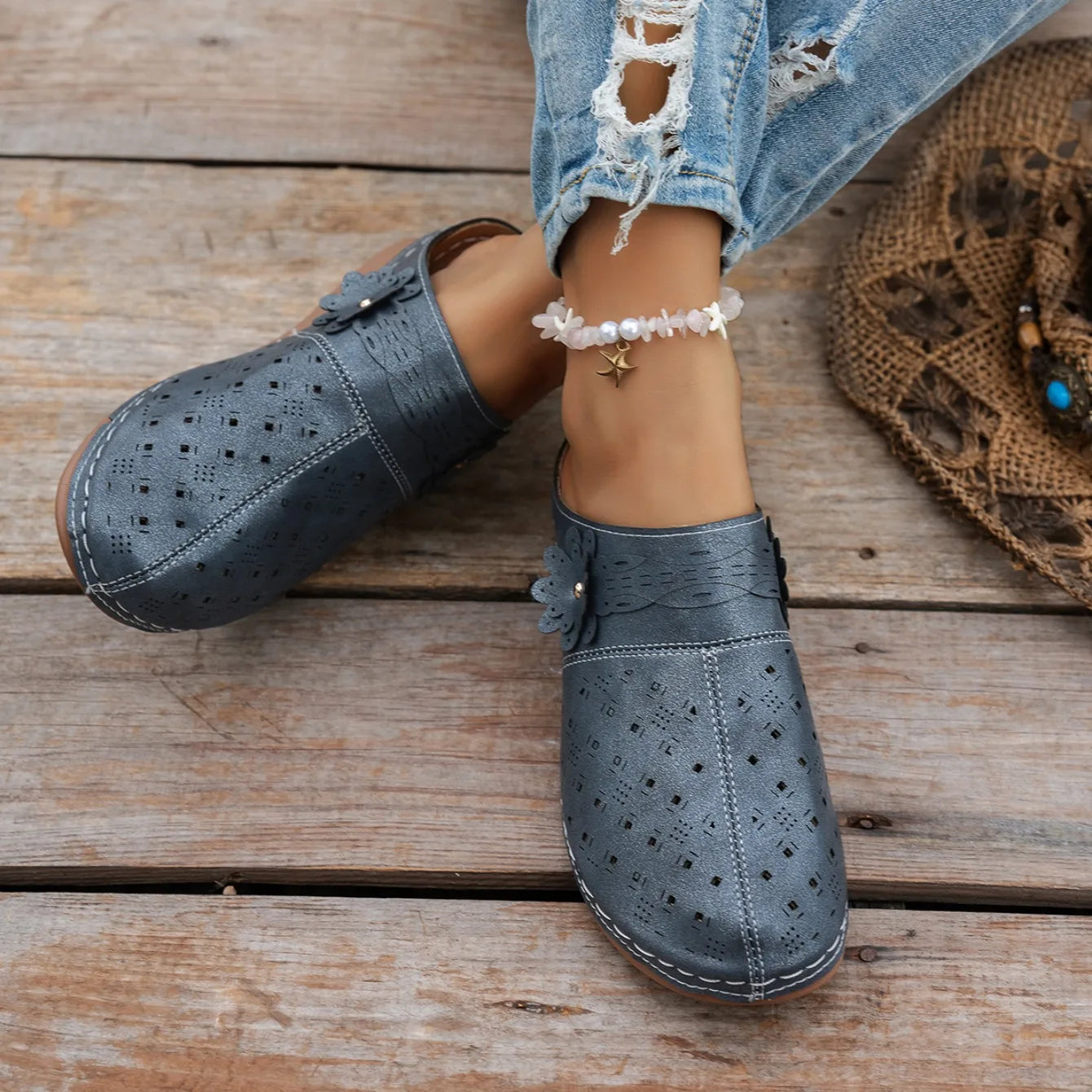 Women's Metal Accent PU Slip-On Mule Flats