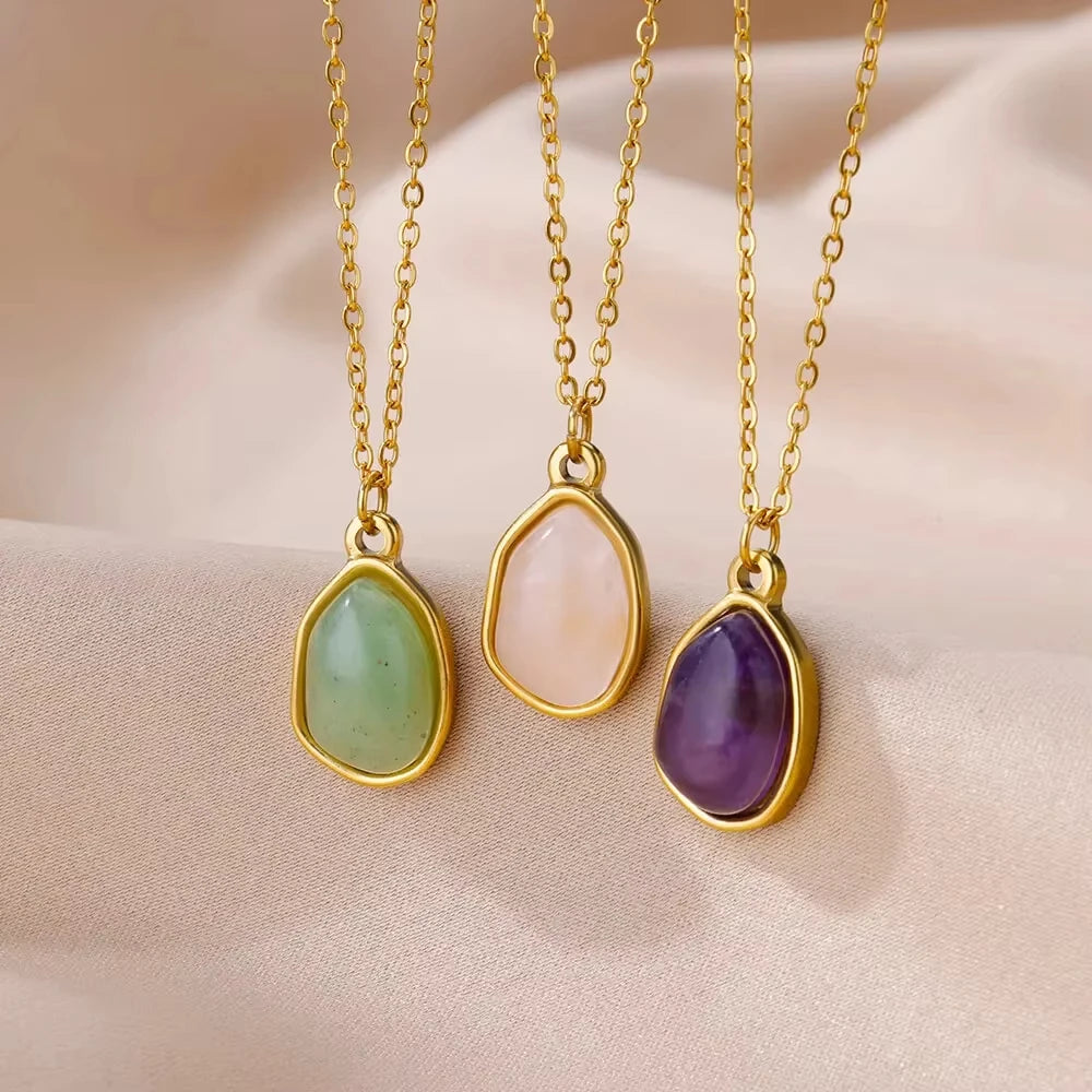 Trendy Oval Colorful Stone Necklace For Women Stainless Steel Gold Color Green Opal Stone Pendant Necklace Aesthetic Jewelry Gif