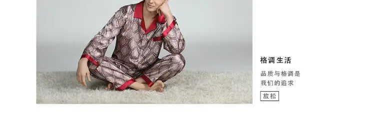 2026Men's Spring Summer Pajamas Sets Long Sleeve Tops&Pants Two-pieces Satin Home Clothes Male Ice Silk Printed Lounge Nightwear