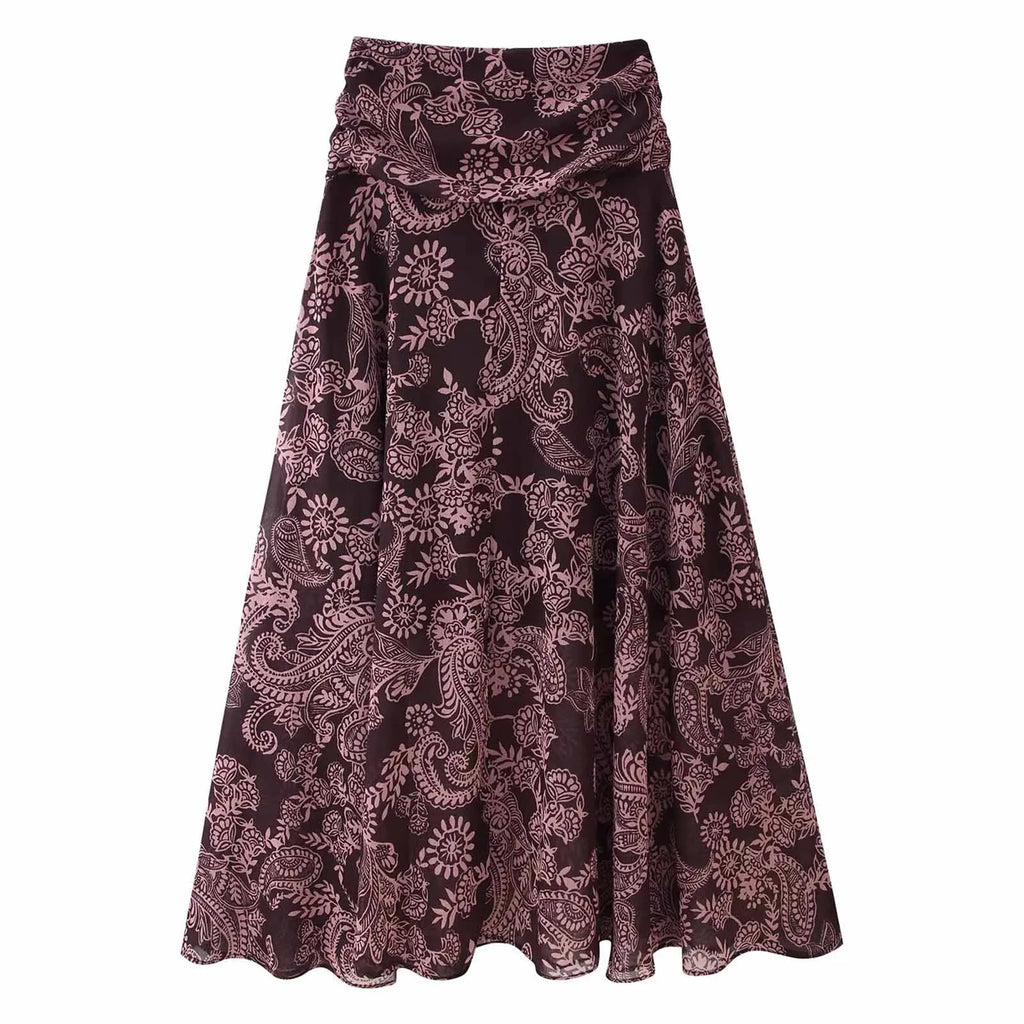 HH 2026 Woman New Early Spring Fashion Chiffon Printing Pleated Decoration Large Hem Midi Skirt Female Casual Chic Party Skirt